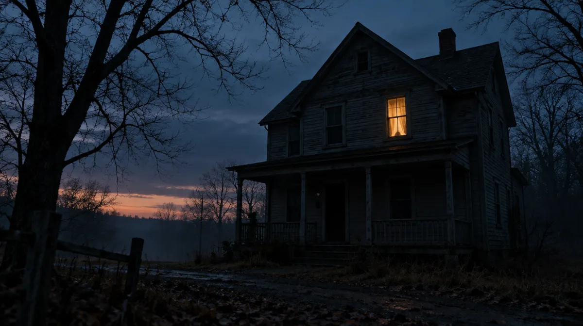 An old two-story house at dusk with a single upstairs window glowing