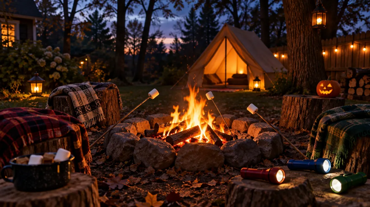 A cosy backyard campfire at dusk with flashlights, blankets and a glowing tent