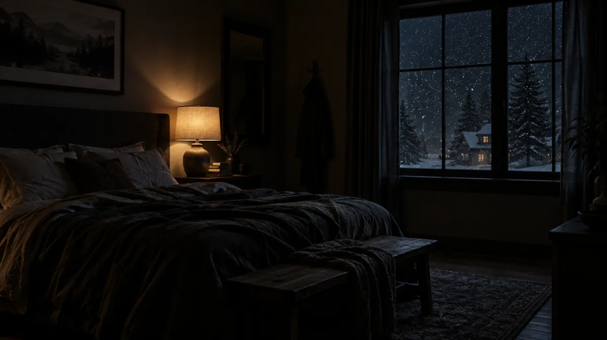 A dark bedroom lit by a single bedside lamp, with a window showing snow outside