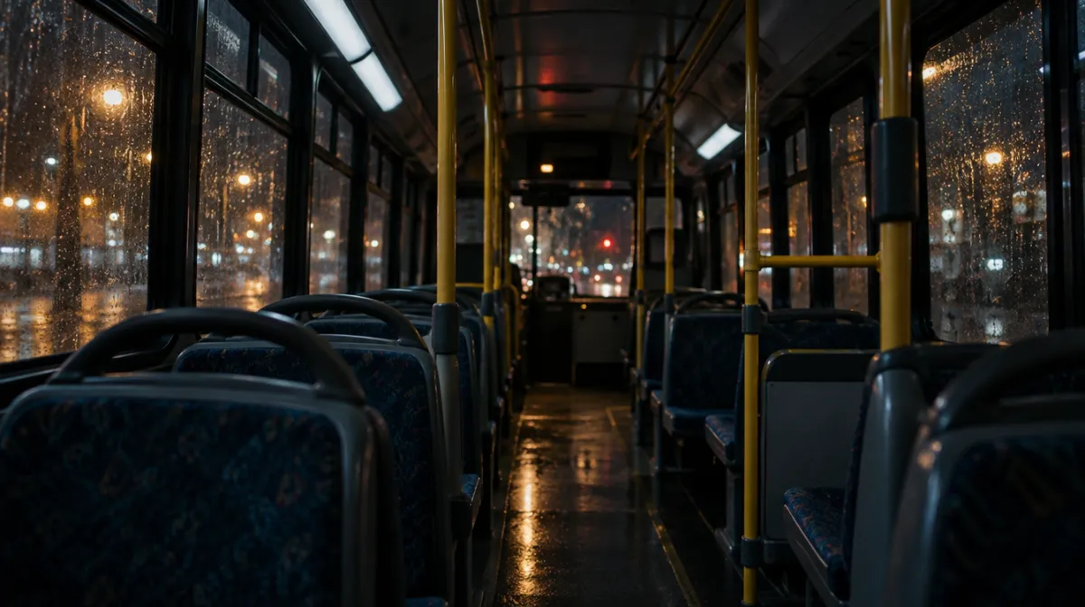 The empty, lit interior of a city bus at night, rain streaking the windows